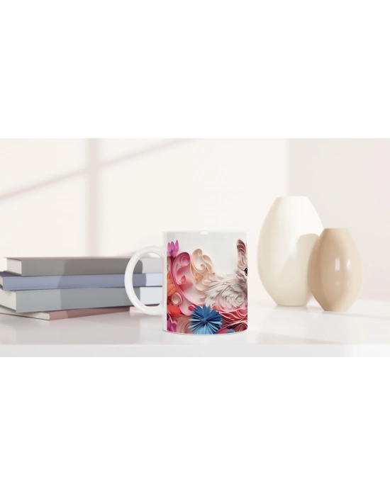 Renkli Çiçekler Arasında Meraklı Kedi Temalı Baskılı Kupa Bardak