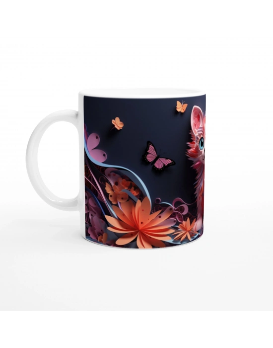 Renkli Çiçekler Arasında Neşeli Kedi ve Kelebekler Baskılı Kupa Bardak