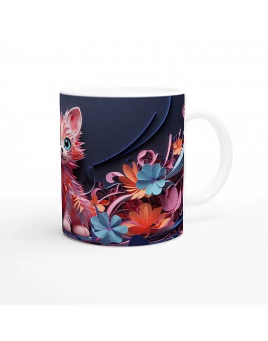 Renkli Çiçekler Arasında Neşeli Kedi ve Kelebekler Baskılı Kupa Bardak