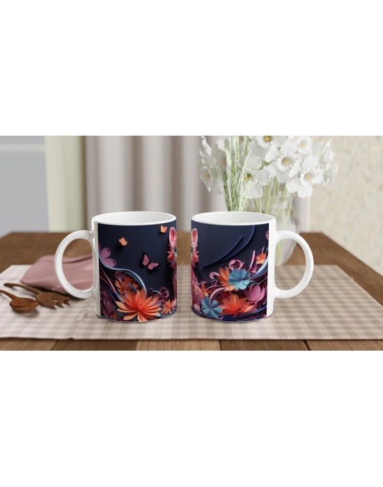 Renkli Çiçekler Arasında Neşeli Kedi ve Kelebekler Baskılı Kupa Bardak