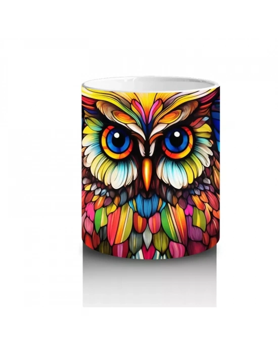 Renkli Çiçekler Arasında Parlayan Baykuş – Baskılı Kahve Kupası