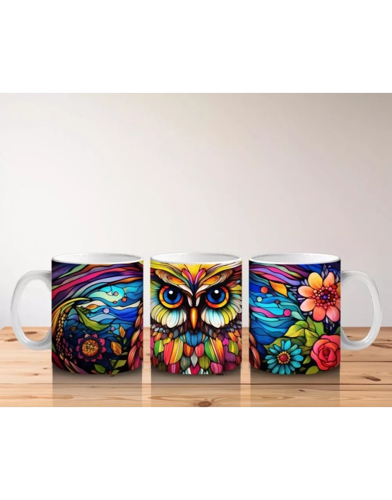 Renkli Çiçekler Arasında Parlayan Baykuş – Baskılı Kahve Kupası