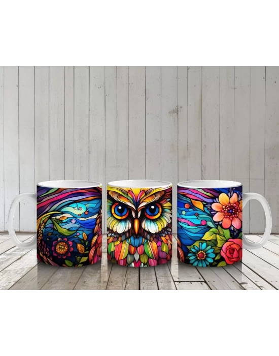 Renkli Çiçekler Arasında Parlayan Baykuş – Baskılı Kahve Kupası