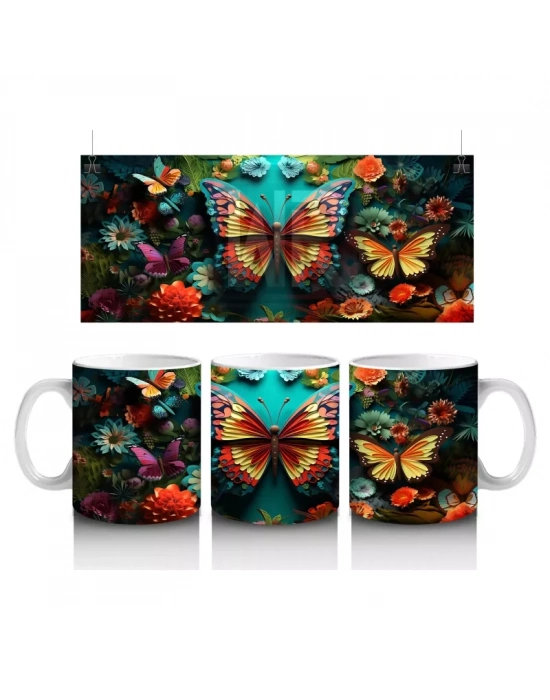 Renkli Çiçekler Arasında Parlayan Turuncu Kelebek – Baskılı Kahve Kupası