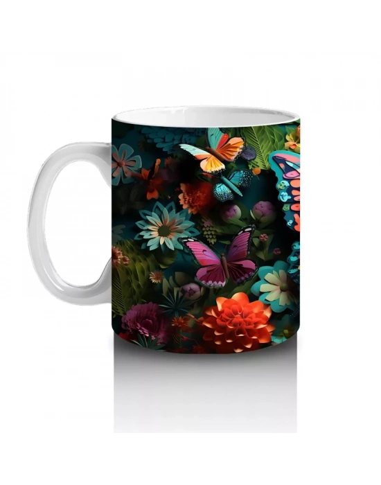 Renkli Çiçekler Arasında Parlayan Turuncu Kelebek – Baskılı Kahve Kupası