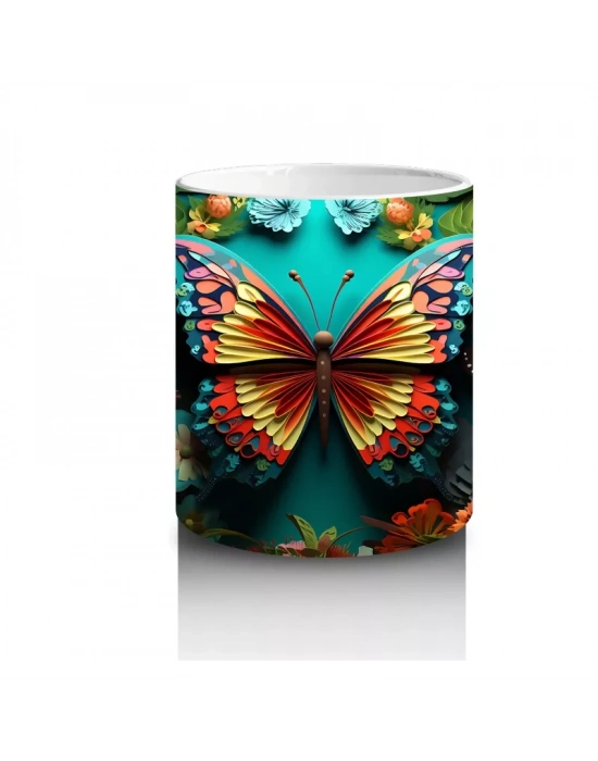 Renkli Çiçekler Arasında Parlayan Turuncu Kelebek – Baskılı Kahve Kupası