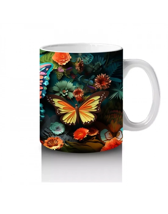 Renkli Çiçekler Arasında Parlayan Turuncu Kelebek – Baskılı Kahve Kupası