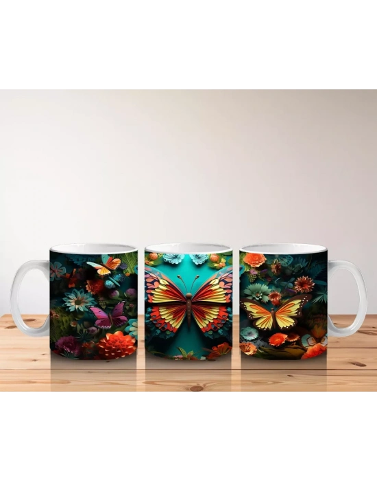 Renkli Çiçekler Arasında Parlayan Turuncu Kelebek – Baskılı Kahve Kupası