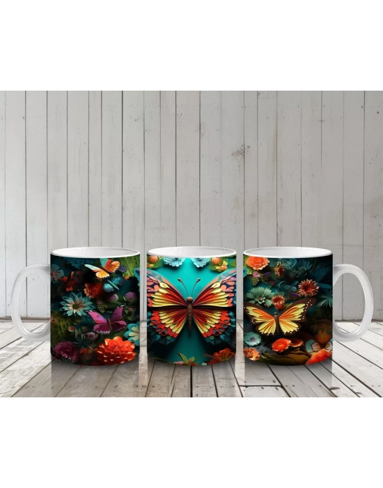 Renkli Çiçekler Arasında Parlayan Turuncu Kelebek – Baskılı Kahve Kupası