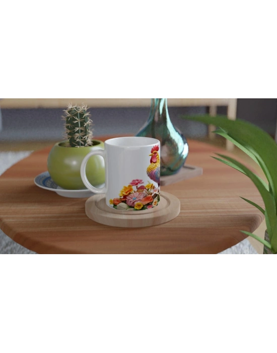 Renkli Çiçekler Arasında Pastel Horoz Baskılı Kupa Bardak