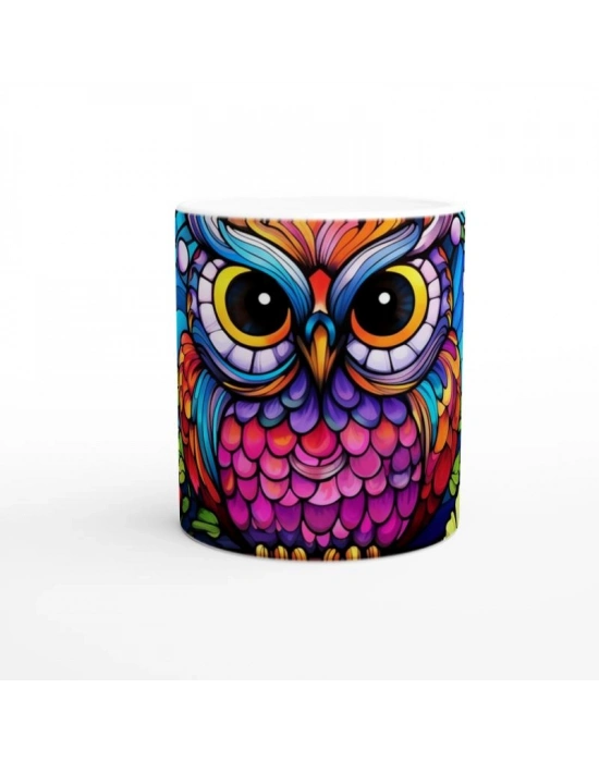 Renkli Çiçekler Arasında Vitray Baykuş Baskılı Kupa Bardak