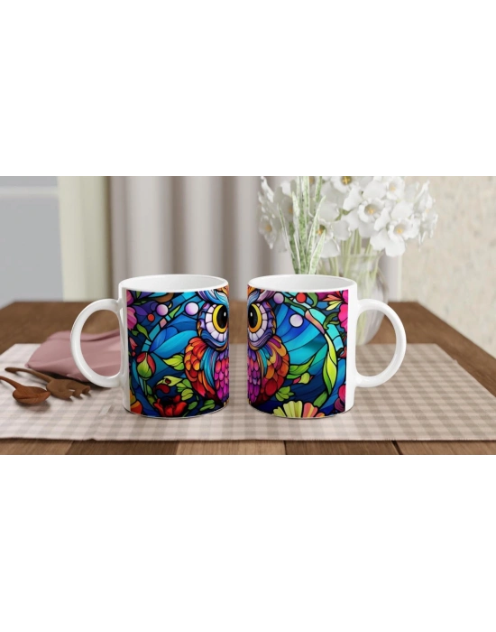 Renkli Çiçekler Arasında Vitray Baykuş Baskılı Kupa Bardak