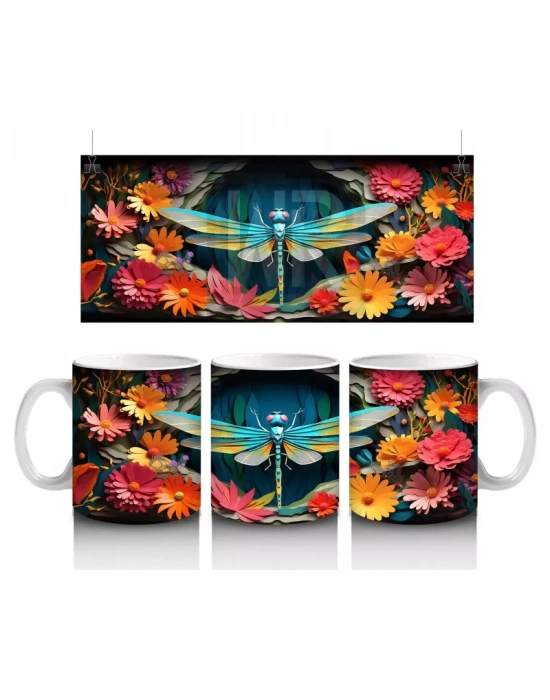 Renkli Çiçekler Arasında Yeşil Yusufçuk – Baskılı Kupa