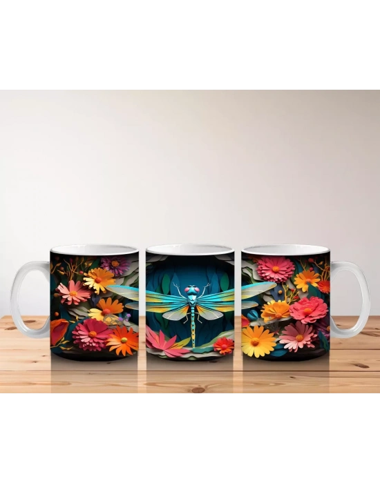 Renkli Çiçekler Arasında Yeşil Yusufçuk – Baskılı Kupa