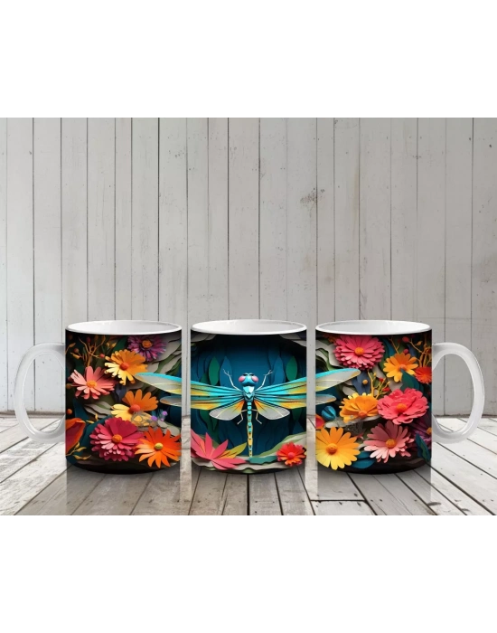 Renkli Çiçekler Arasında Yeşil Yusufçuk – Baskılı Kupa