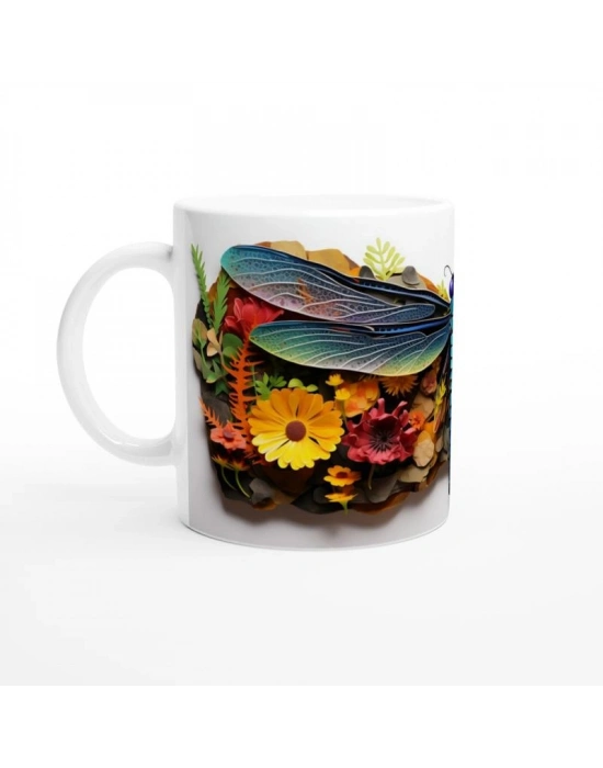 Renkli Çiçekler Arasında Yusufçuk Temalı Baskılı Kupa Bardak