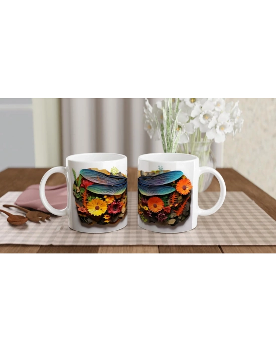 Renkli Çiçekler Arasında Yusufçuk Temalı Baskılı Kupa Bardak