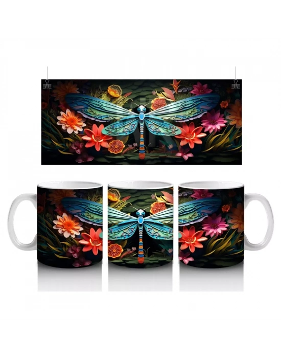 Renkli Çiçekler ve Dev Yusufçuk Armonisi – Baskılı Kahve Kupası