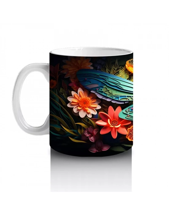 Renkli Çiçekler ve Dev Yusufçuk Armonisi – Baskılı Kahve Kupası