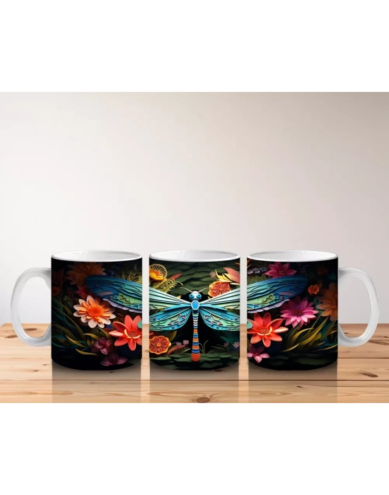 Renkli Çiçekler ve Dev Yusufçuk Armonisi – Baskılı Kahve Kupası