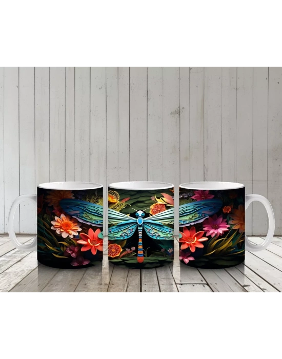 Renkli Çiçekler ve Dev Yusufçuk Armonisi – Baskılı Kahve Kupası