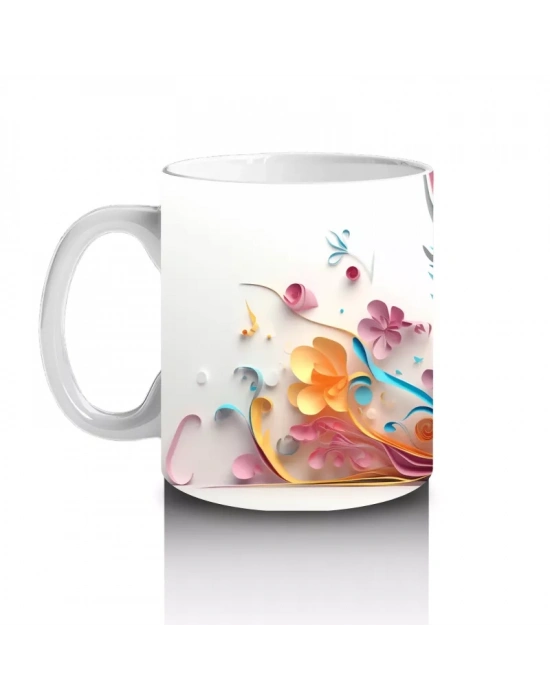 Renkli Çiçeklerle Çevrili Mavi Gözlü Fantastik Kedi – Baskılı Kahve Kupası