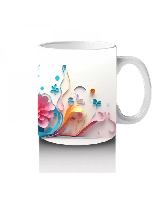 Renkli Çiçeklerle Çevrili Mavi Gözlü Fantastik Kedi – Baskılı Kahve Kupası