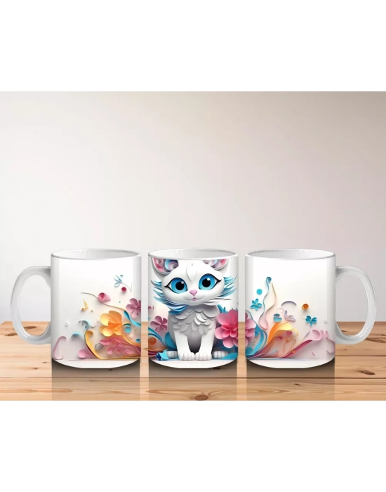 Renkli Çiçeklerle Çevrili Mavi Gözlü Fantastik Kedi – Baskılı Kahve Kupası