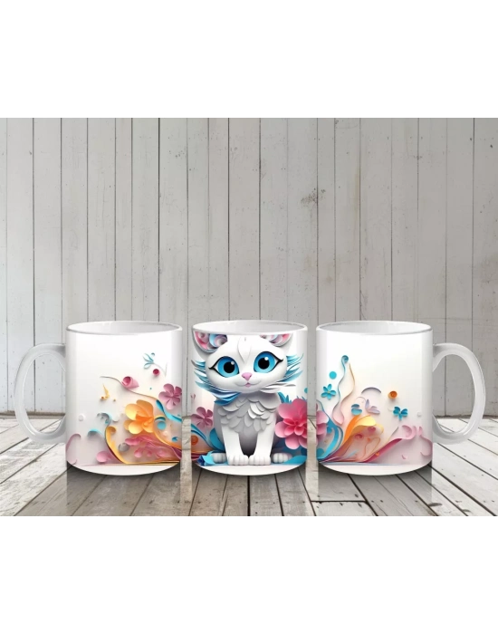 Renkli Çiçeklerle Çevrili Mavi Gözlü Fantastik Kedi – Baskılı Kahve Kupası