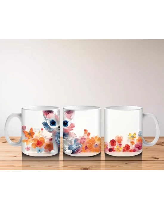 Renkli Çiçeklerle Çevrili Mavi Gözlü Sevimli Çizgi Kedi Kupa