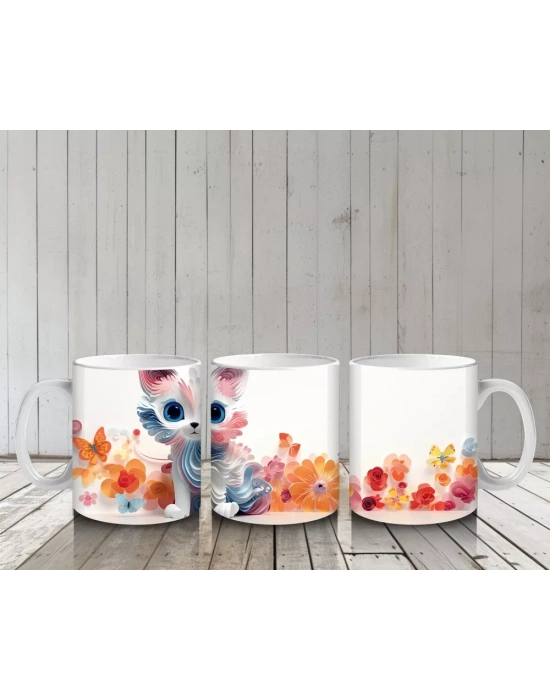 Renkli Çiçeklerle Çevrili Mavi Gözlü Sevimli Çizgi Kedi Kupa