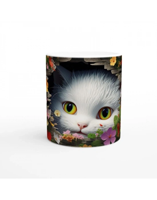 Renkli Çiçeklerle Çevrili Meraklı Kedi Baskılı Kupa Bardak