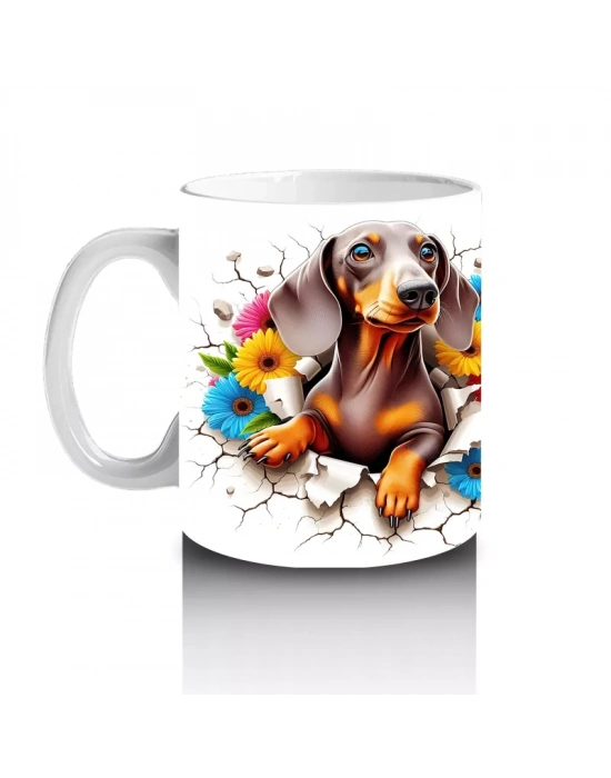 Renkli Çiçeklerle Süslenmiş Çatlak Zeminde Dachshund Köpek - Baskılı kahve kupası