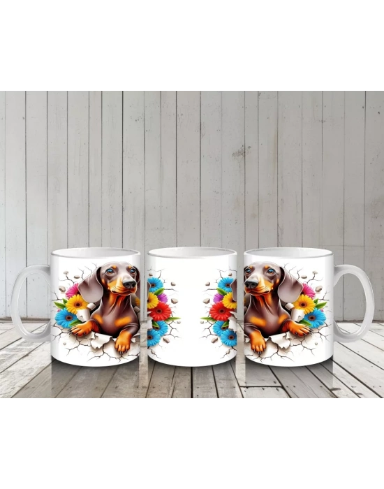 Renkli Çiçeklerle Süslenmiş Çatlak Zeminde Dachshund Köpek - Baskılı kahve kupası