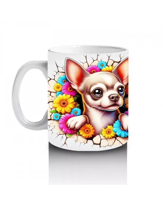 Renkli Çiçeklerle Süslenmiş Chihuahua Deseni - Baskılı kahve kupası