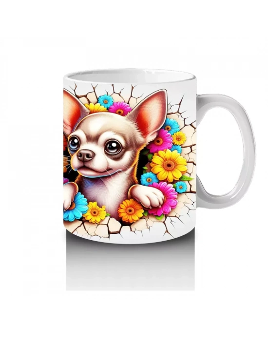 Renkli Çiçeklerle Süslenmiş Chihuahua Deseni - Baskılı kahve kupası