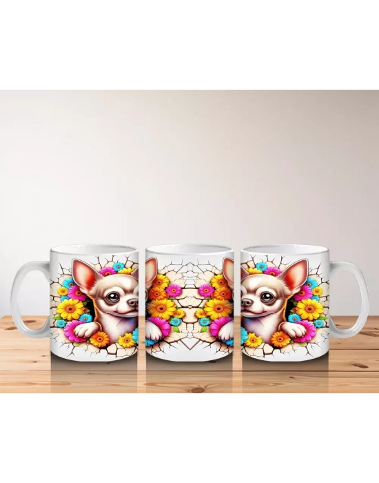 Renkli Çiçeklerle Süslenmiş Chihuahua Deseni - Baskılı kahve kupası
