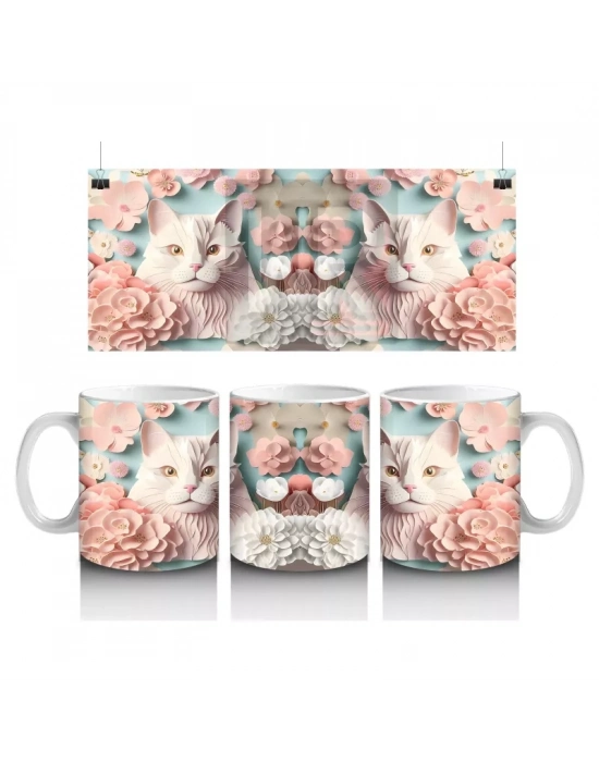 Renkli Çiçeklerle Süslenmiş Kedi Ailesi – Baskılı Kahve Kupası