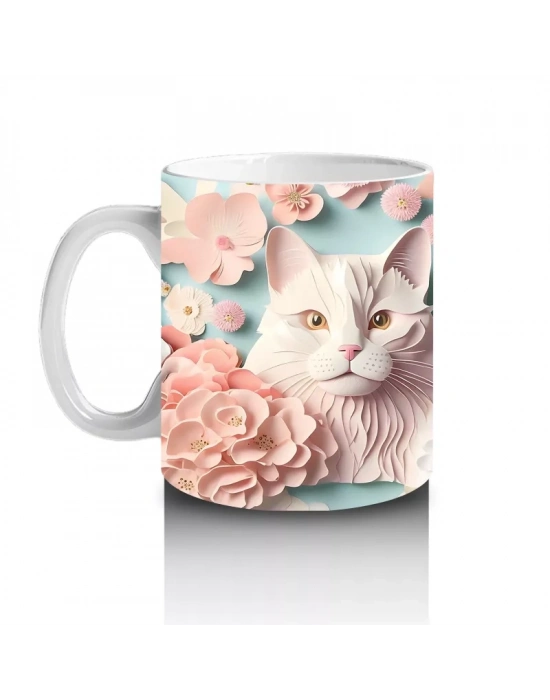 Renkli Çiçeklerle Süslenmiş Kedi Ailesi – Baskılı Kahve Kupası
