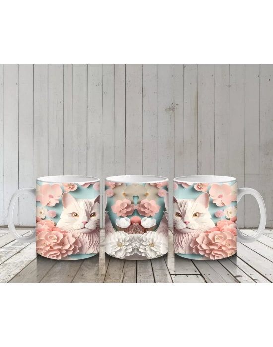 Renkli Çiçeklerle Süslenmiş Kedi Ailesi – Baskılı Kahve Kupası