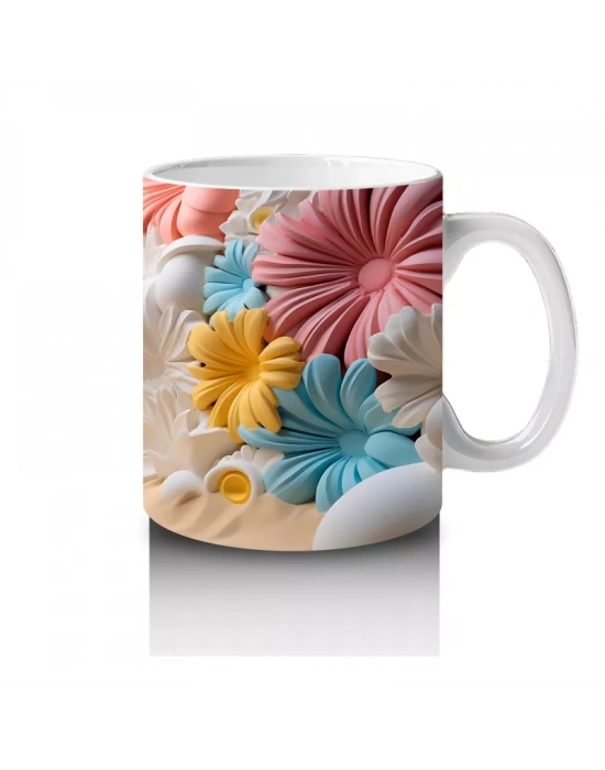 Renkli Çiçeklerle Süslenmiş Kumsal Manzarası – Baskılı Kahve Kupası