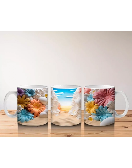 Renkli Çiçeklerle Süslenmiş Kumsal Manzarası – Baskılı Kahve Kupası