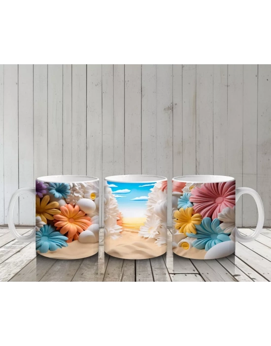 Renkli Çiçeklerle Süslenmiş Kumsal Manzarası – Baskılı Kahve Kupası