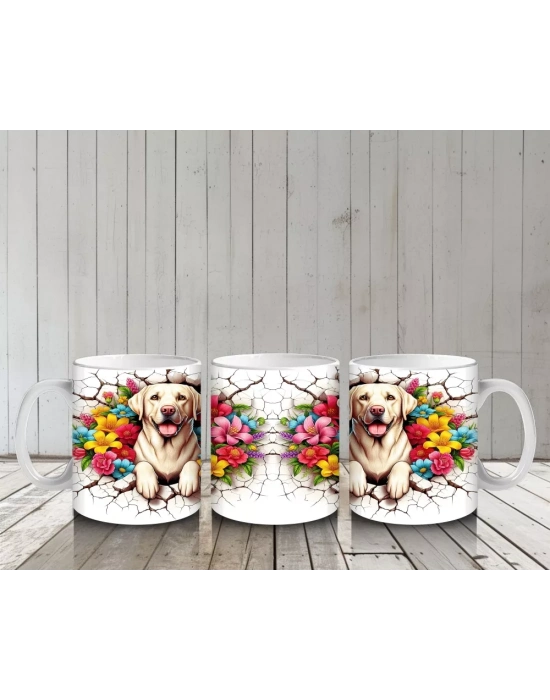 Renkli Çiçeklerle Süslenmiş Labrador Çifti Tasarımı - Baskılı kahve kupası