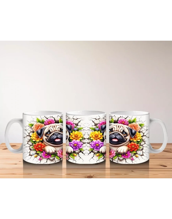 Renkli Çiçeklerle Süslenmiş Sevimli Köpekler – Baskılı Kahve Kupası