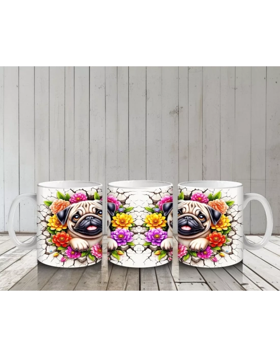 Renkli Çiçeklerle Süslenmiş Sevimli Köpekler – Baskılı Kahve Kupası