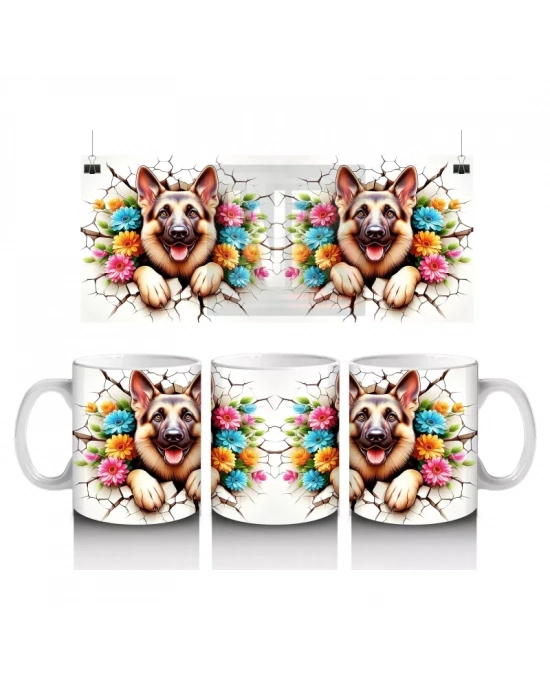 Renkli Çiçekli Çerçevede Neşeli Köpekler – Baskılı Kahve Kupası