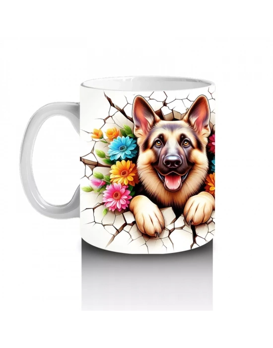 Renkli Çiçekli Çerçevede Neşeli Köpekler – Baskılı Kahve Kupası