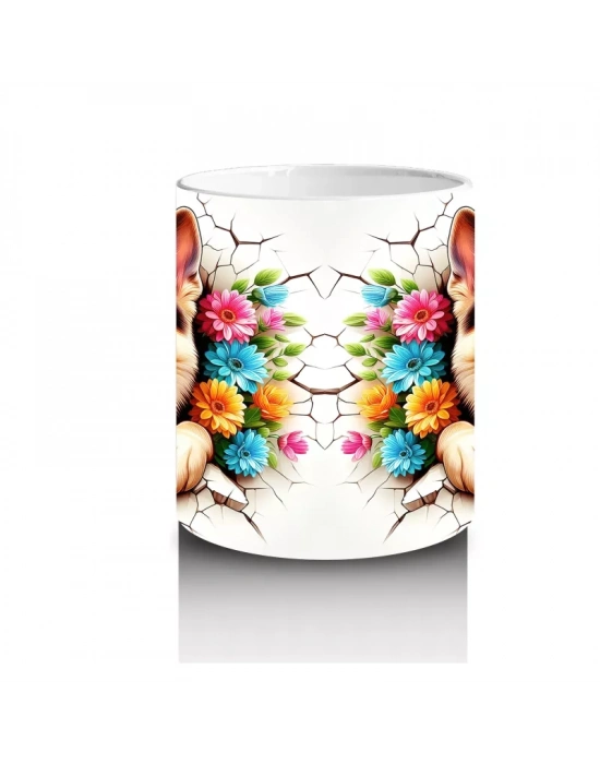Renkli Çiçekli Çerçevede Neşeli Köpekler – Baskılı Kahve Kupası