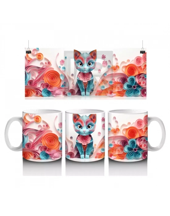 Renkli Çiçekli Desende Mavi Gözlü Kedi – Baskılı Kahve Kupası